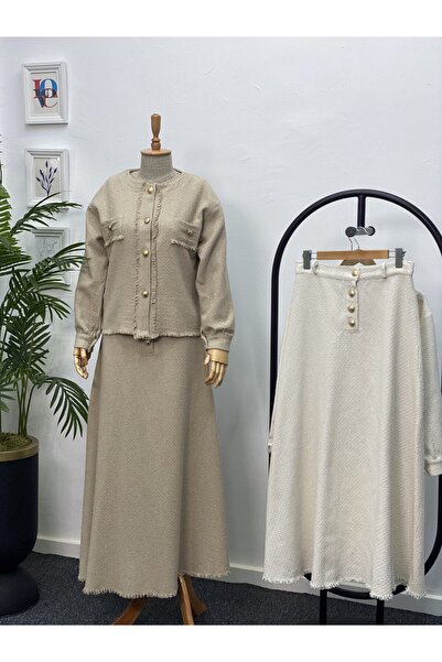 Esre Store 4460 Model Beige Hijab Double Set - Chanel Fabric