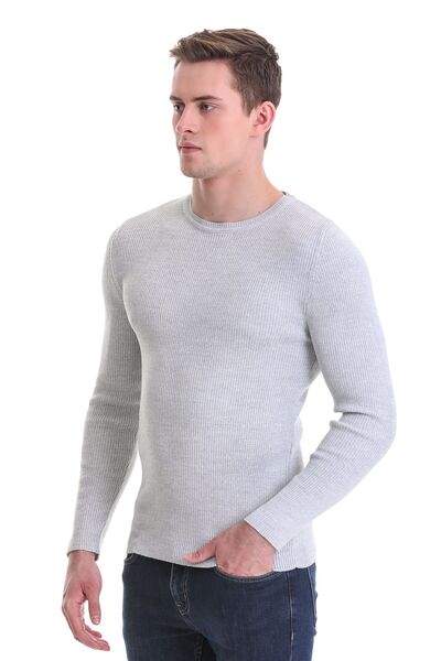 Hatemoğlu Gri Slim Fit Fitilli Bisiklet Yaka Yünlü Triko Kazak