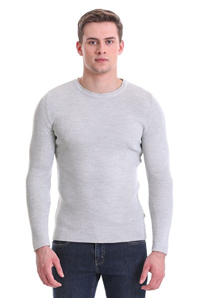 Hatemoğlu Gri Slim Fit Fitilli Bisiklet Yaka Yünlü Triko Kazak
