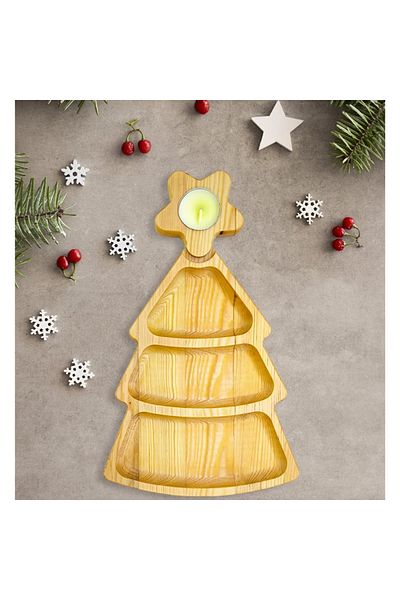 Multiamo Wooden Pine Tree Snack Bowl 3 Compartments Decorative Serving Plate with Candle Holder Single