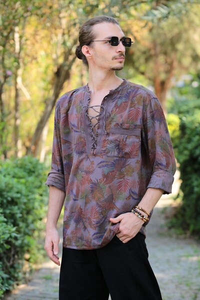 Şaman Butik Koyu Kahverengi Desenli Yakası Bağcıklı Bohem Erkek Gömlek