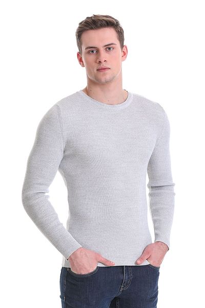 Hatemoğlu Gray Slim Fit Corded Crew Neck Wool Knitwear Sweater