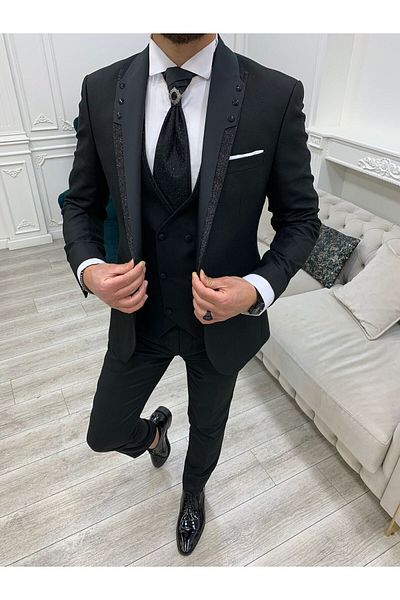LONATOLİA Men's Tuxedo Groom Suit Glitter Swallow Collar Italian Cut Slim Fit Jacket Vest Pants Bow Tie-Black