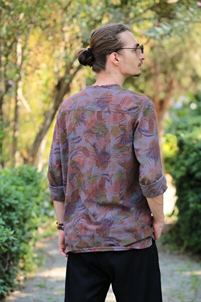 Şaman Butik Koyu Kahverengi Desenli Yakası Bağcıklı Bohem Erkek Gömlek