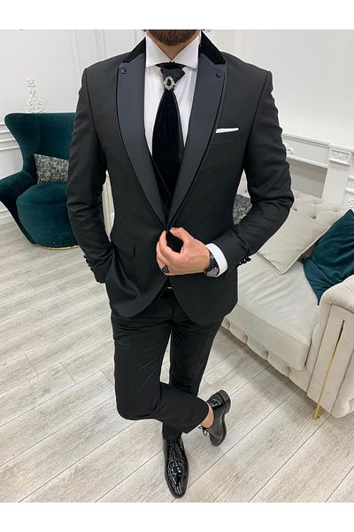 LONATOLİA Men's Tuxedo Groom Suit Shawl Collar Italian Style Slim Fit Jacket Vest Pants Tie Bow Tie-Black