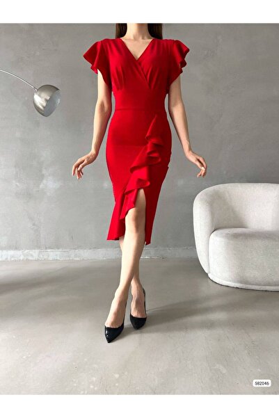 Secret Passion Lingerie Yeni Sezon Volanlı Kruvaze Yaka Simli Krep Abiye Elbise 582046