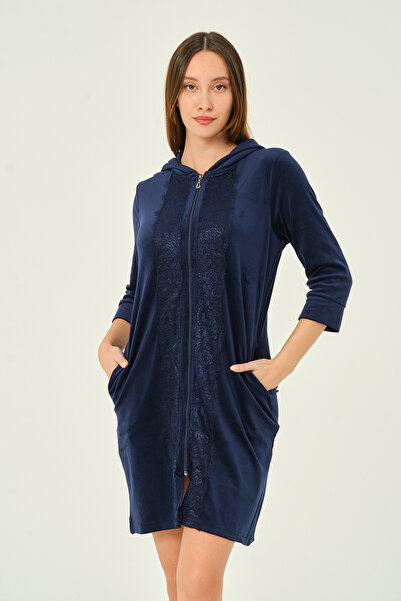 İntensive γυναικείο βελούδινο φόρεμα με κουκούλα με φερμουάρ και τσέπες με δαντέλα