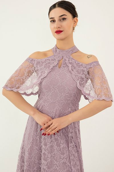 PULLIMM Shoulder Detail Long Lace Evening Dress 13328
