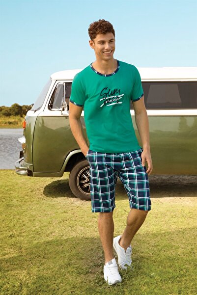 Doreanse Men's Green Checkered Printed T-shirt Pajama Set 4853