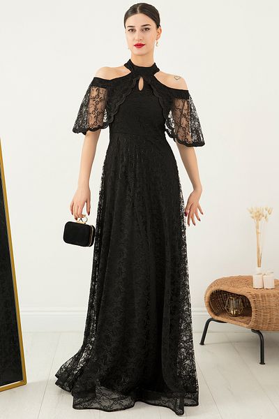 PULLIMM Rochie de seara lunga din dantela cu detaliu pe umeri 13328