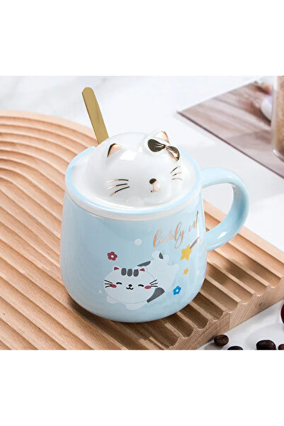 NETAVANTAJ Sevimli Kawai Kedi Kapaklı Kaşıklı 3D Kupa Bardak Mavi