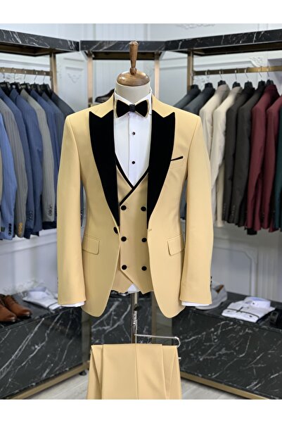 LONATOLİA Erkek Smokin Damatlık Kırlangıç Kadife Yaka İtalyan Stil Slim Fit C...