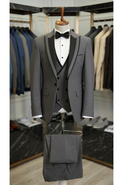 LONATOLİA Men's Tuxedo Groom Suit Swallow Collar Italian Style Slim Fit Jacket Vest Pants Bow Tie-Grey