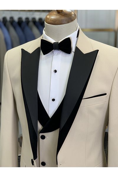 LONATOLİA Men's Tuxedo Groom Suit Swallow Collar Italian Style Slim Fit Jacket Vest Pants Bow Tie-Beige