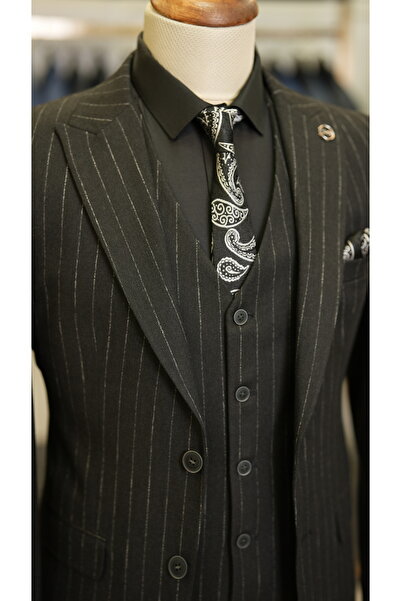 LONATOLİA Erkek Çizgili Takım Elbise Stil Slim Fit Ceket Yelek Pantolon