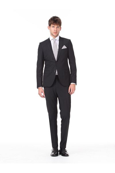Kip Black Extra Slim Fit Pleatless Mono Collar 6 Drop Woven Suit Tkm-280