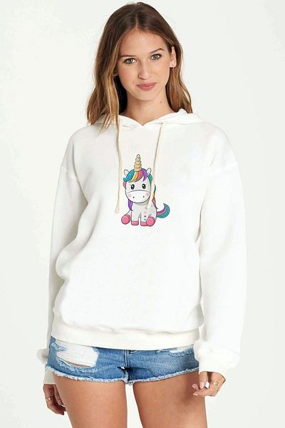 QIVI Unicorn Flower Printed White Women Knitted Hooded Sweatshirt Long Sleeve