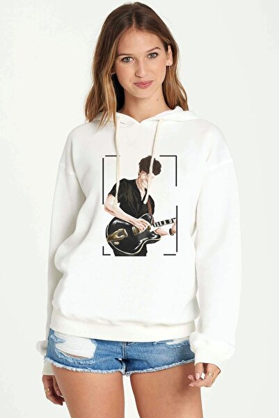 QIVI سويت شيرت نسائي أبيض محبوك بغطاء للرأس مطبوع عليه جيتار من Shawn Mendes ...
