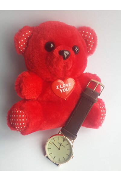 Star Kırmızı Peluş Ayıcık 14 Cm - Deri Kordonlu Kol Saati Hediyeli
