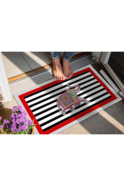 Evsebu Pienso Home Fil Siyah Beyaz Şerit Dekoratif Kapı Önü Paspası