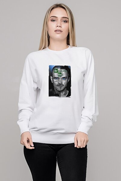 QIVI Women's White Breaking Bad Season 3 Printed Knitted Long Sleeve Sweatshirt