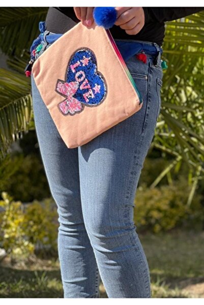Gönülden Tasarım Портфель-клатч з аплікацією у вигляді серця з паєтками та помпонами, сумка для рук та косметички, 25x28 см