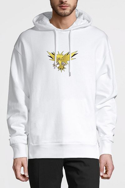 QIVI Pokemon Zapdos Printed White Men's Knitted Hooded Sweatshirt Long Sleeve