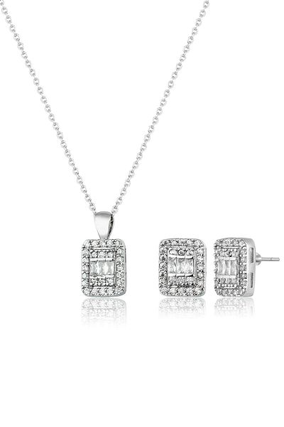 Elika Silver Women's Baguette Jewelled Necklace Earring Set