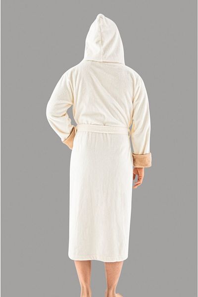 Nuşa Cream Hooded Sports Embroidered Bamboo Cotton Men's Bathrobe