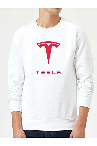 QIVI Біла чоловіча трикотажна кофта з довгими рукавами та логотипом Tesla Motors