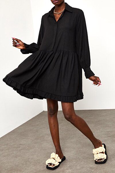 XHAN Dámské černé šaty s košilovým límečkem 1YZK6-11813-02