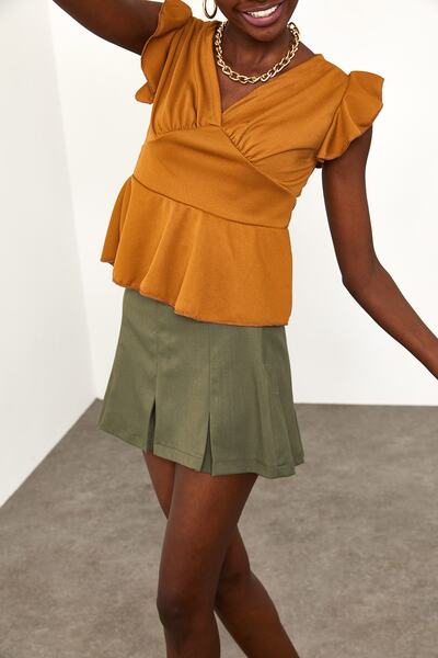 XHAN Women's Tan Shoulder Ruffle Blouse 1KZK2-11593-30