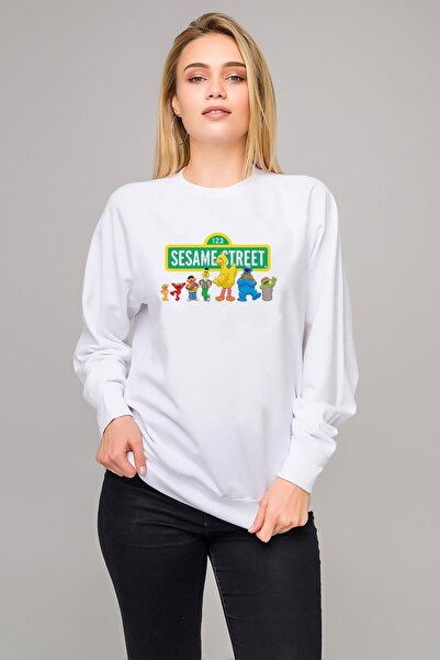 QIVI سترة نسائية محبوكة باللون الأبيض مطبوعة من شارع سمسم بأكمام طويلة