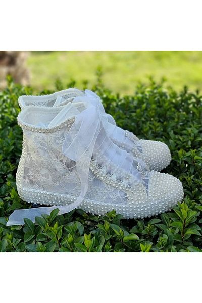 Ayakkabı Tutkusu Stilo ® Pantofi de mireasa din dantela alba de dama cu piatra si perla 2 cm