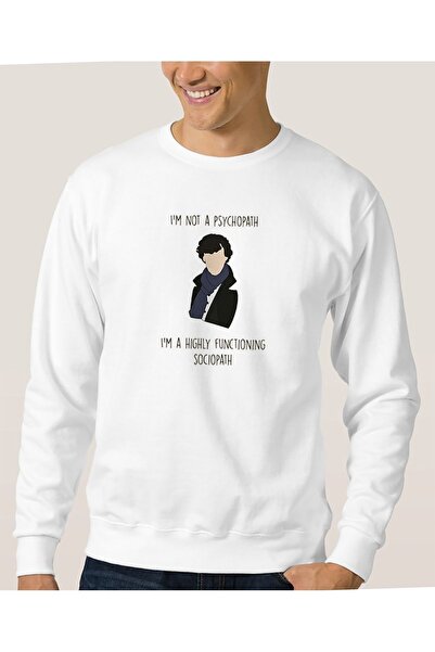 QIVI سويت شيرت رجالي محبوك أبيض مطبوع من شيرلوك هولمز بأكمام طويلة