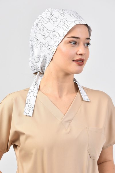 Owlet Medikal Oneline Fil Çizimli Beyaz Cerrahi Tesettür Bone