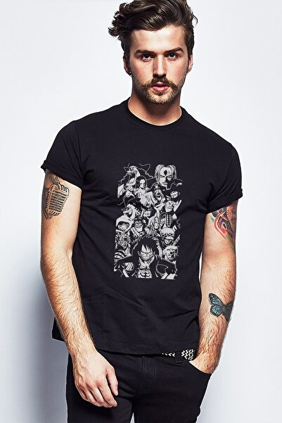 QIVI Anime Monkey D Luffy Štampano Crna muška Pleteno majica T-shirt majica