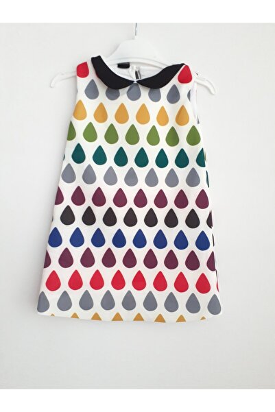 Elvinsa Dalgıç Kumaş, Kırmızı Bebek Yaka, Renkli Kız Çocuk Mini Elbise