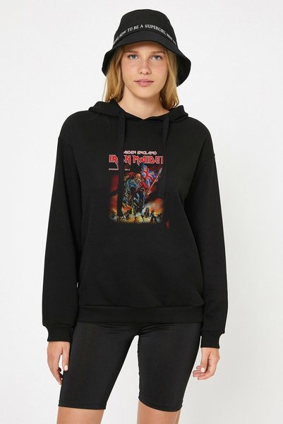 QIVI Iron Maiden England European Printed Black Women's Knitted Hooded Sweats...