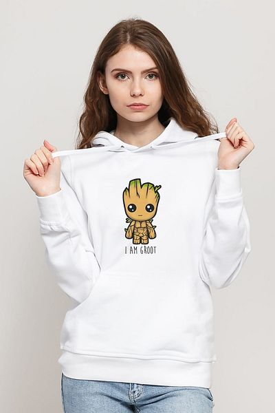 QIVI Hanorac cu glugă tricotat cu mânecă lungă pentru femei I Am Groot Baby Printed White