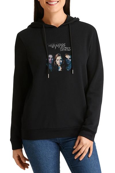 QIVI Hanorac tricotat cu glugă cu mânecă lungă pentru femei, negru, cu citate din The Vampire Diaries