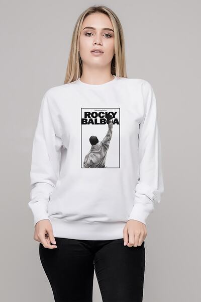 QIVI سويت شيرت نسائي أبيض محبوك بأكمام طويلة مطبوع عليه روكي بالبوا
