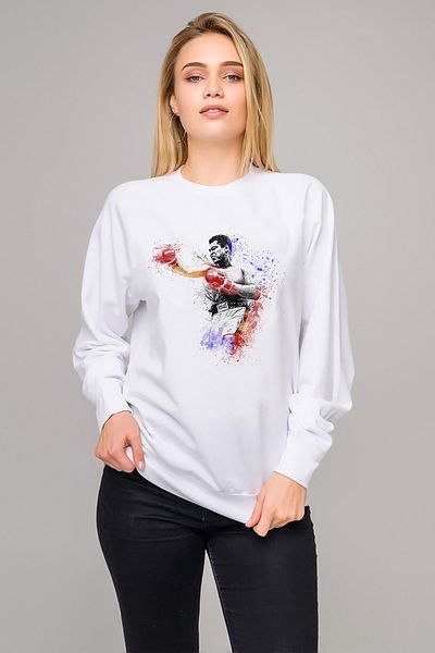 QIVI Γυναικείο λευκό πλεκτό φούτερ με στάμπα Muhammad Ali Drop