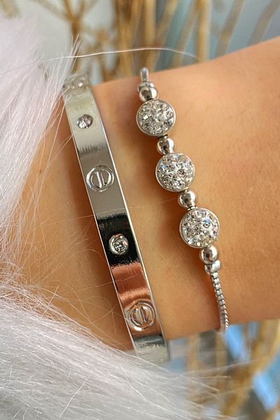 Jenny Daphne Handcuff Triple Stone Elevator Silver Color Combination Bracelet Set of 2