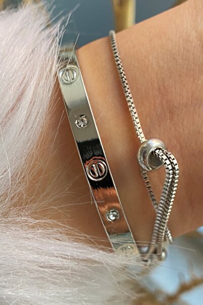 Jenny Daphne Kelepçe Üçlü Taşlı Asansör Gümüş Renk Kombin Bileklik Seti 2 Li