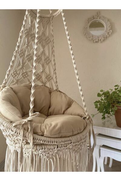 Turuncu Tasarım Minderli Makrome Hamak Salıncak Koyu Krem