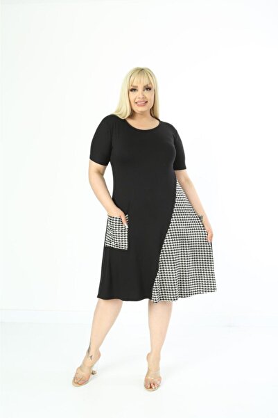 Mezura Μαύρο κοντό μανίκι βισκόζη χτενισμένο βαμβακερό φόρεμα με τσέπες κάτω από το γόνατο