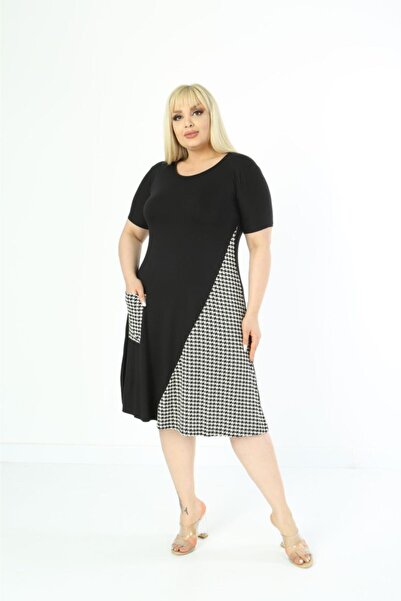 Mezura Μαύρο κοντό μανίκι βισκόζη χτενισμένο βαμβακερό φόρεμα με τσέπες κάτω από το γόνατο