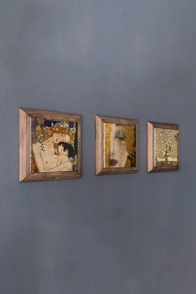 Oscar Stone Decor Masif (ahşap) Çerçeveli 3'lü Set Taş Pano Gustav Klimt Eserler Tablo 28x28 cm