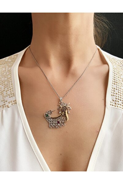 Midyat Gümüş Şahmeran Kadın Telkari Işlemeli Orta Boy Kolye 925 Ayar Gümüş